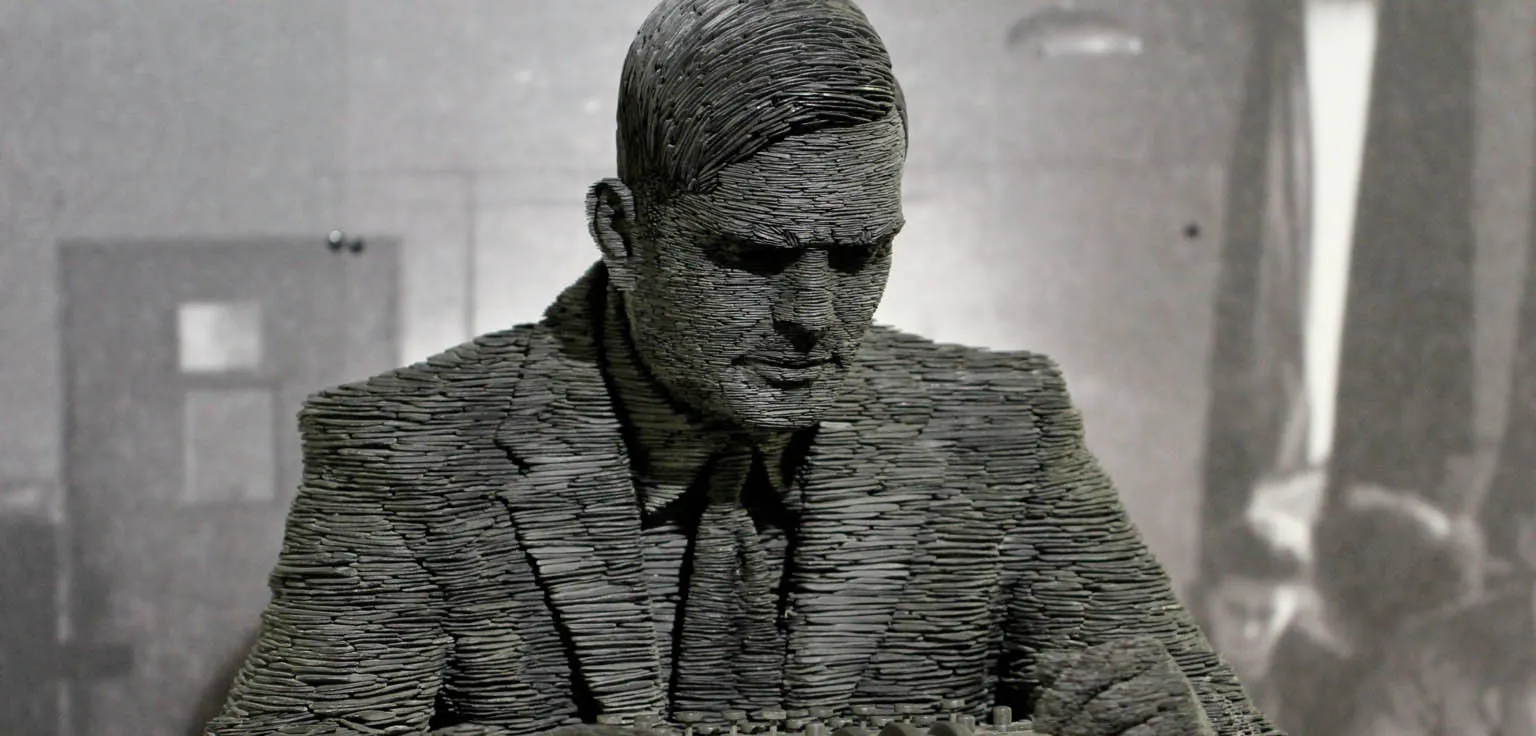A statue of Alan Turing at Bletchley Park, England.